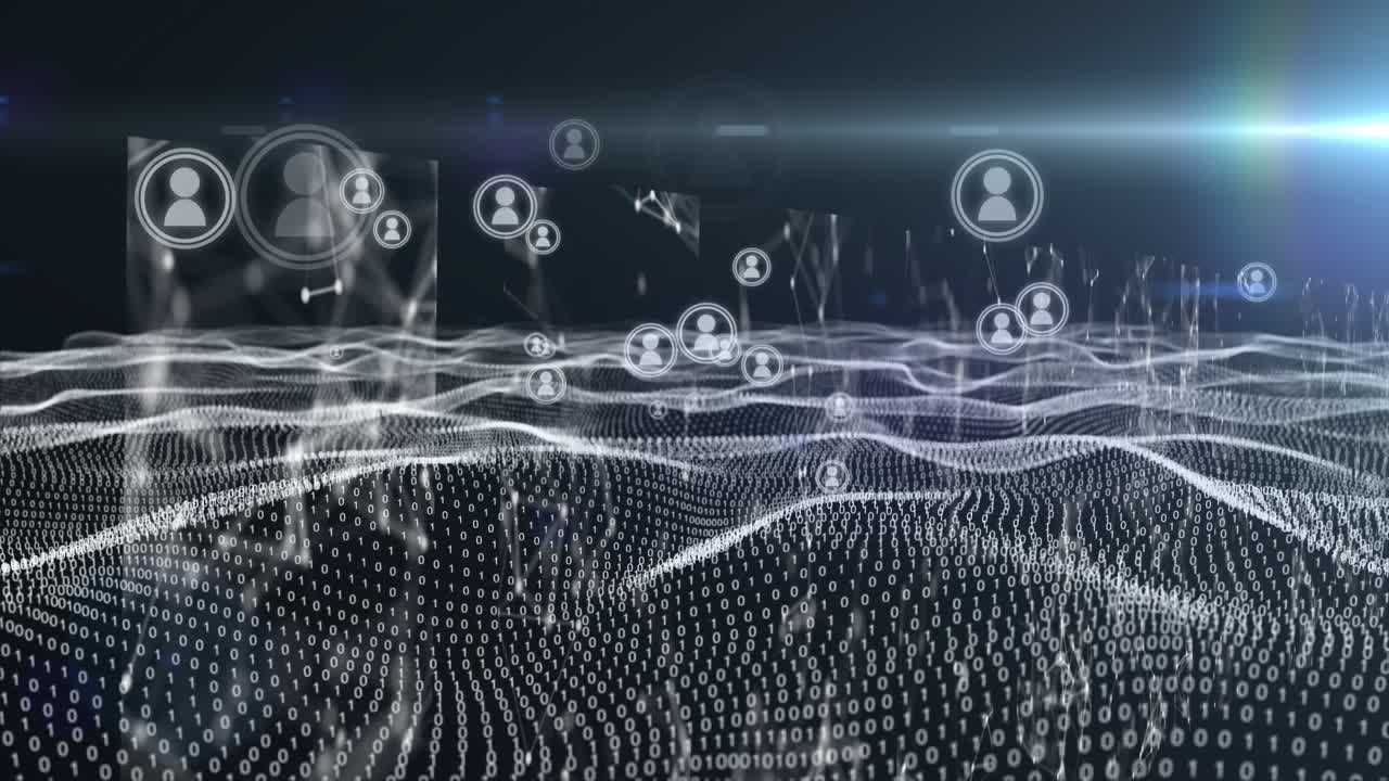 Animation of waves with data processing and icons over black background