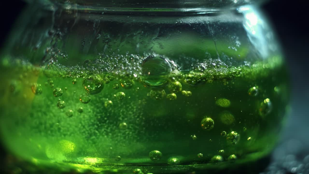 Bubbling Green Liquid in a Jar: A Close-up Exploration of Viscous Ecosystems and Their Vibrant, Effervescent Nature Under Light