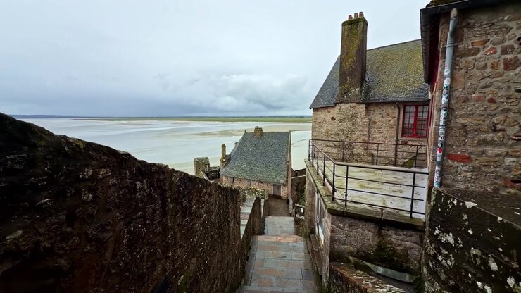 Historic stone building at Mont-Saint-Michel Abbey on the French coast.