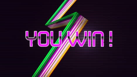 animation of you win text banner over colorful light trails on grey striped background