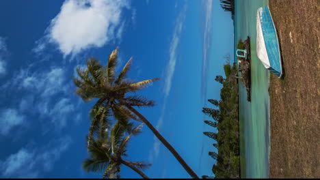 un barco en la playa de una laguna desierta en la isla de los pinos - lapso de tiempo vertical