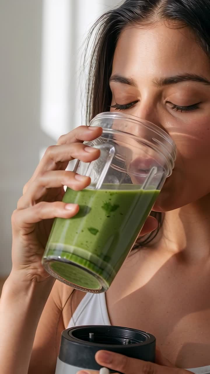 Žena v bílém tílku zvedá mixérový kelímek k ústům a popíjí zelené smoothie v kuchyni po tréninku.