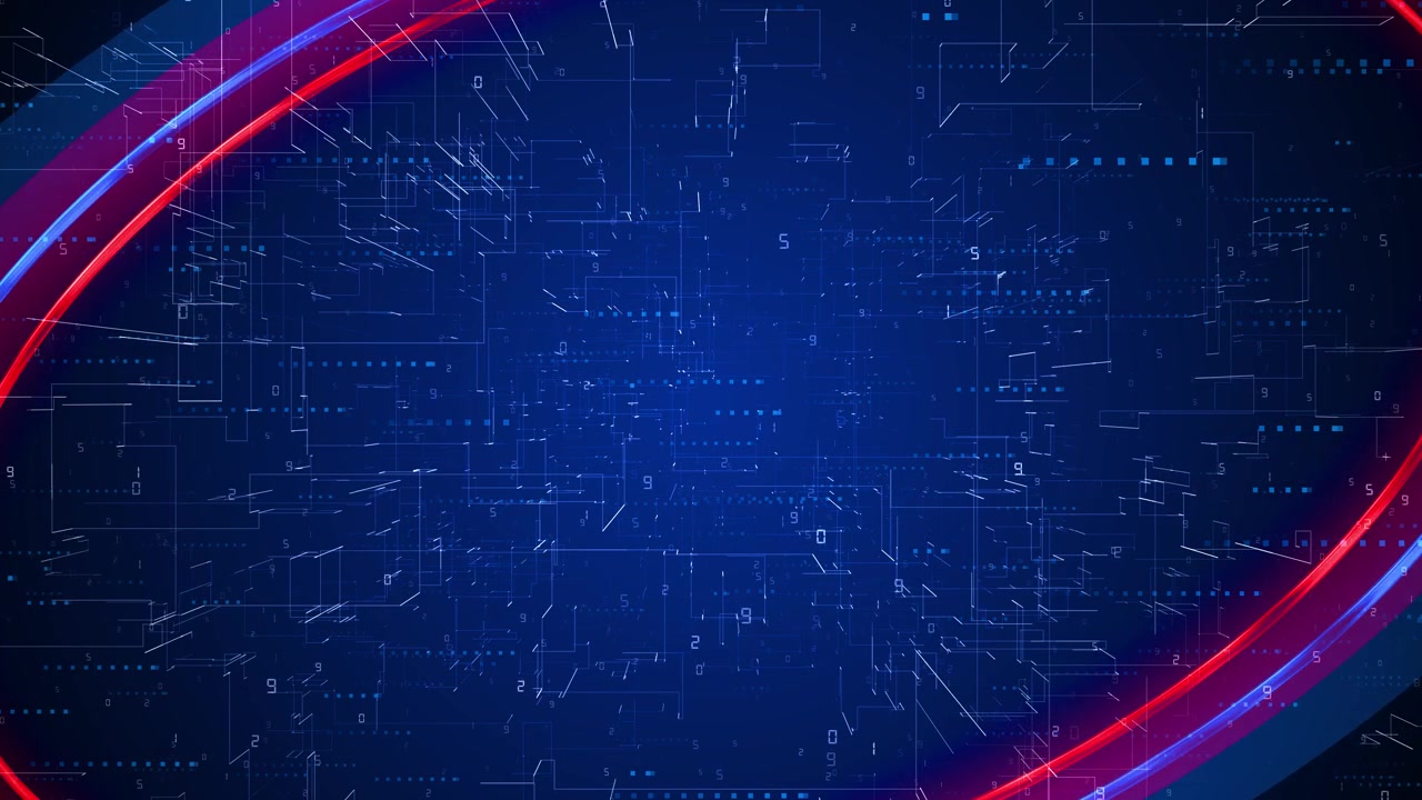 Blue digital circuit background red curved arcs code marks futuristic interface lines technology