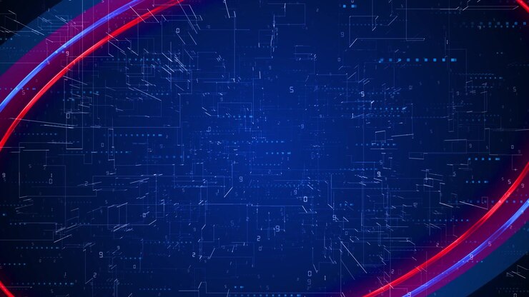 Blue digital circuit background red curved arcs code marks futuristic interface lines technology