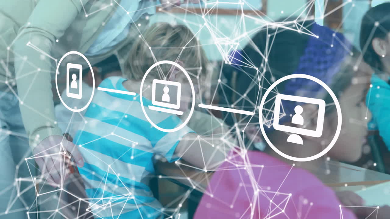 In school, children collaborating in classroom with digital network overlay animation