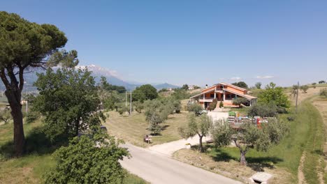 Wide-angle-drone-shot-tracking-a-vehicle-driving-in-the-remote-countryside-of-Italy-surrounded-by-a-beautiful-vista-of-vineyards,-olive-trees-and-a-mountain-range-located-in-Abruzzo,-Italy