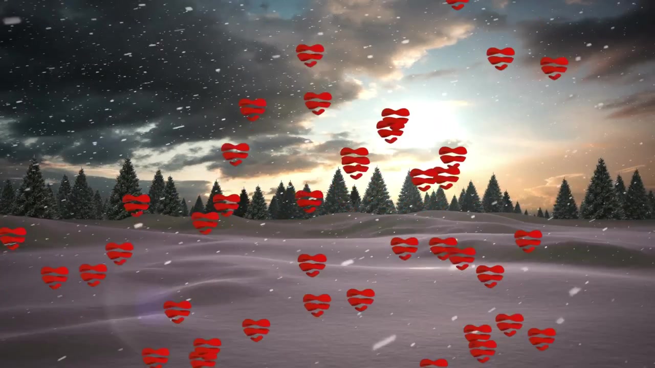 Animazione di cuori e neve che cade su un paesaggio invernale