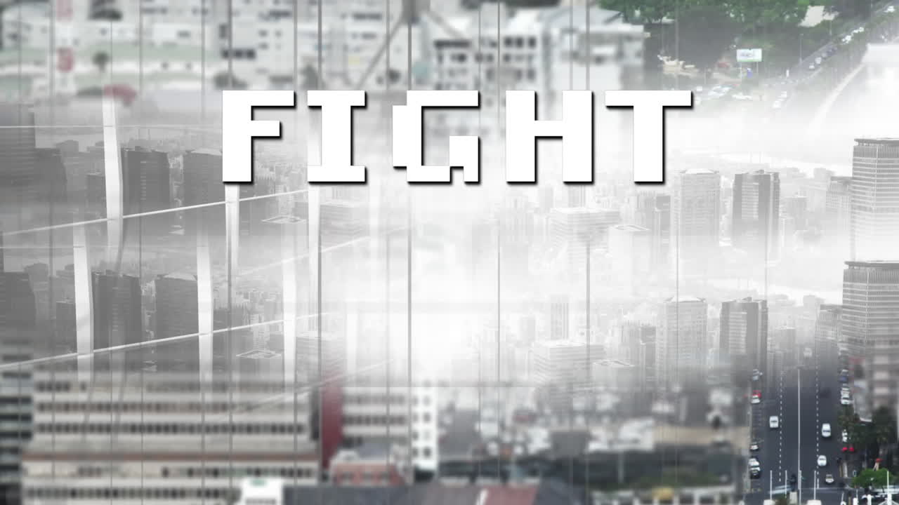 도시 풍경 배경 위에  ⁇  글자로 싸움 텍스트의 애니메이션
