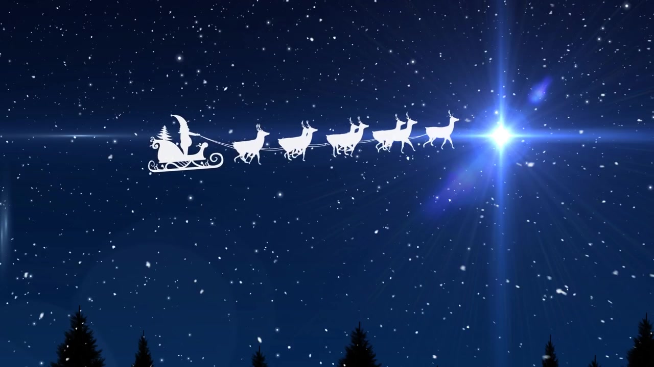 Animazione di bagliore lente, Babbo Natale che guida la slitta contro le stelle nel cielo durante una nevicata.