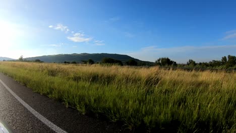 driving on a highway or freeway with green natural background and a hill