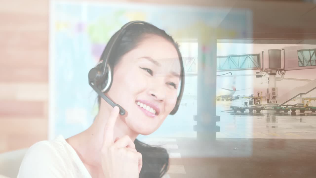 アジアのビジネスウーマンがオフィスで歩いている人々と都市風景の上にアニメーション