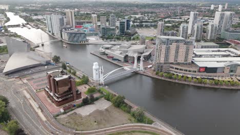 vista aérea panorámica sobre el canal de barcos de manchester y los puntos de referencia circundantes