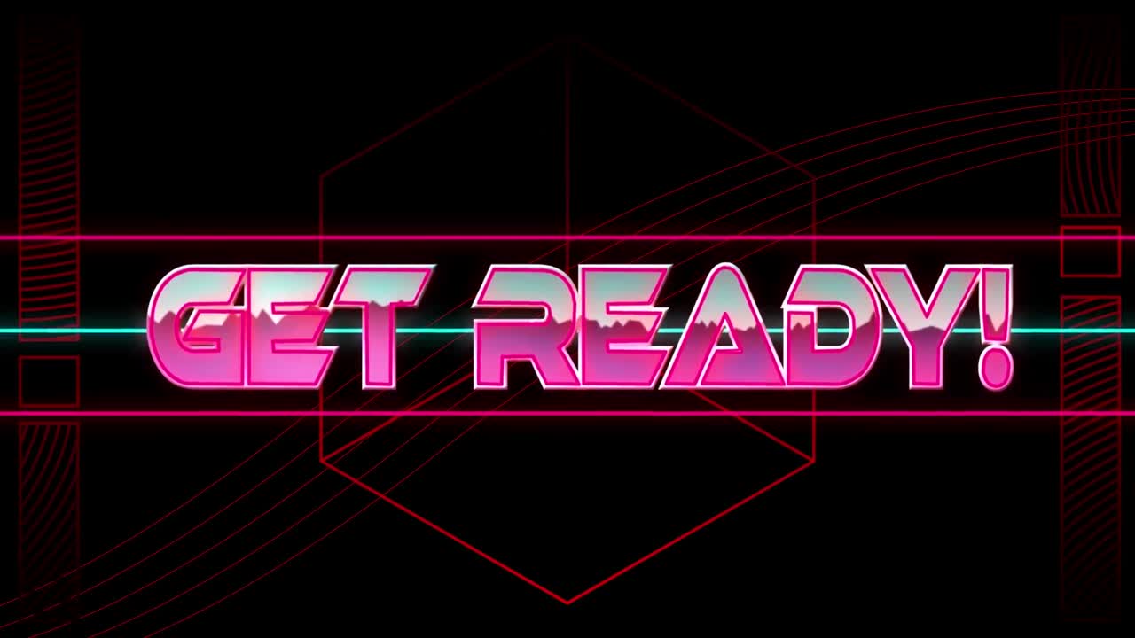Animation of get ready text over geometrical shapes on dark background