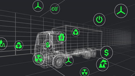 animación de múltiples iconos digitales sobre un modelo de camión 3d que se mueve en un patrón sin costuras en un túnel