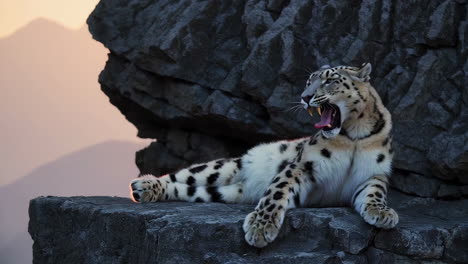 a snow leopard yawning on mountain rocks at sunset