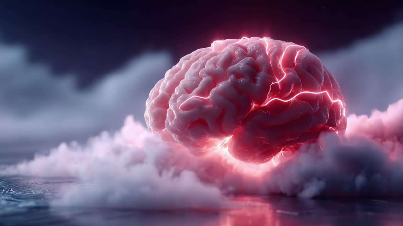A Stunning Visualization of a Brain Surrounded by Ethereal Clouds, Illuminated with Electric Pulses, Symbolizing Intellect and Creativity in a Mysterious Atmosphere