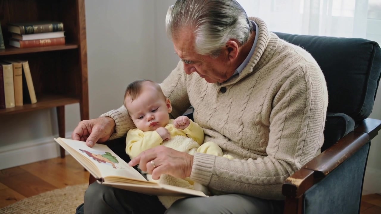Anziano con maglione che si accomoda, tiene in braccio un bambino e legge un libro illustrato in poltrona vicino alla finestra, creando un legame.