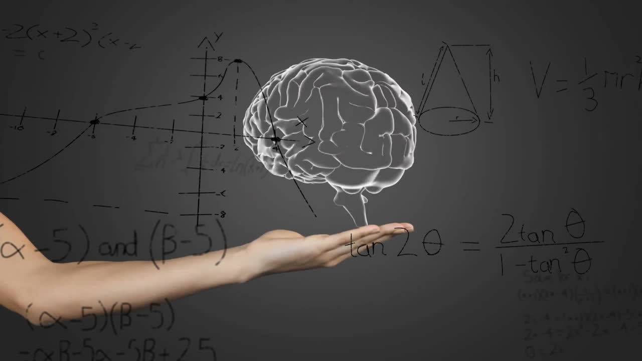 animación de cerebro giratorio y entrega de ecuaciones matemáticas