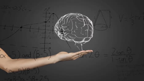 animation of spinning brain and hand over mathematical equations