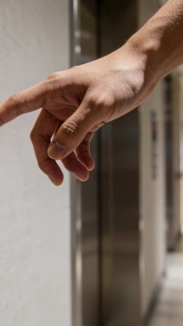 Vertical video: Entering bare arm reaching toward elevator panel to call lift in hall, copy space