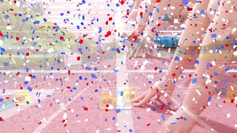 digital composite video of multi colored confetti falling against female runners starting a race