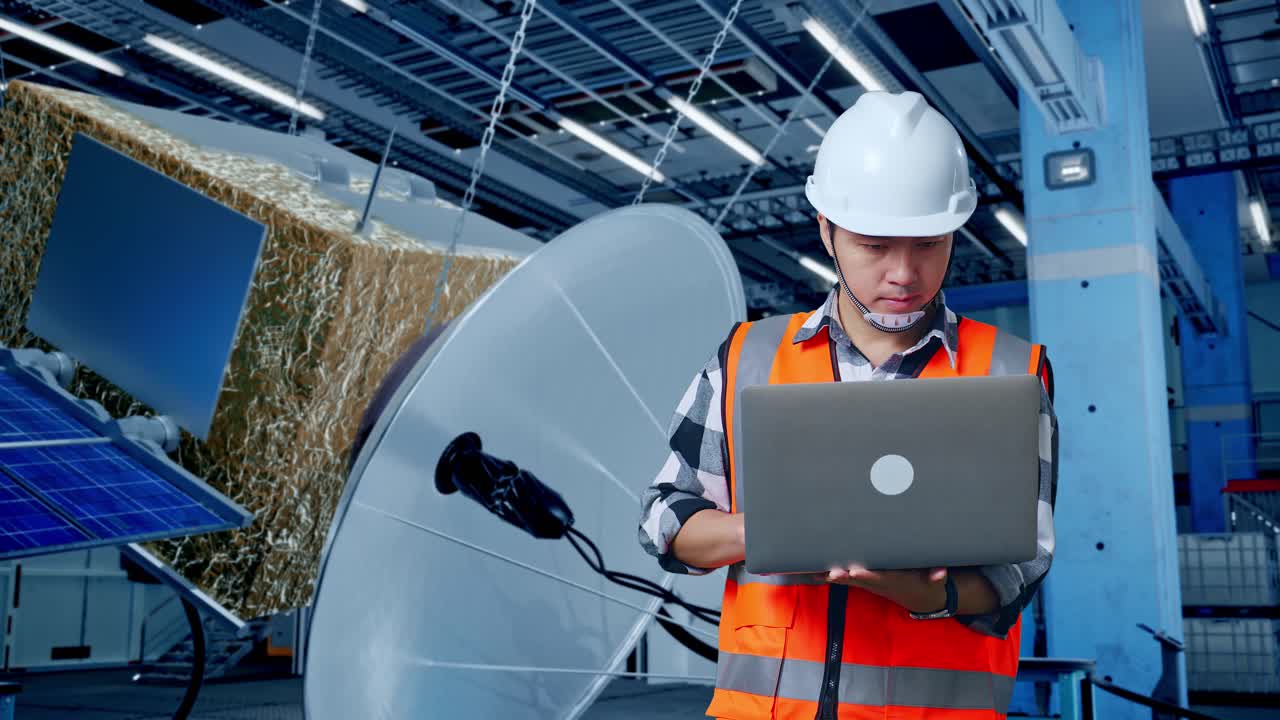 Satellite Technician Working on Laptop in a Facility