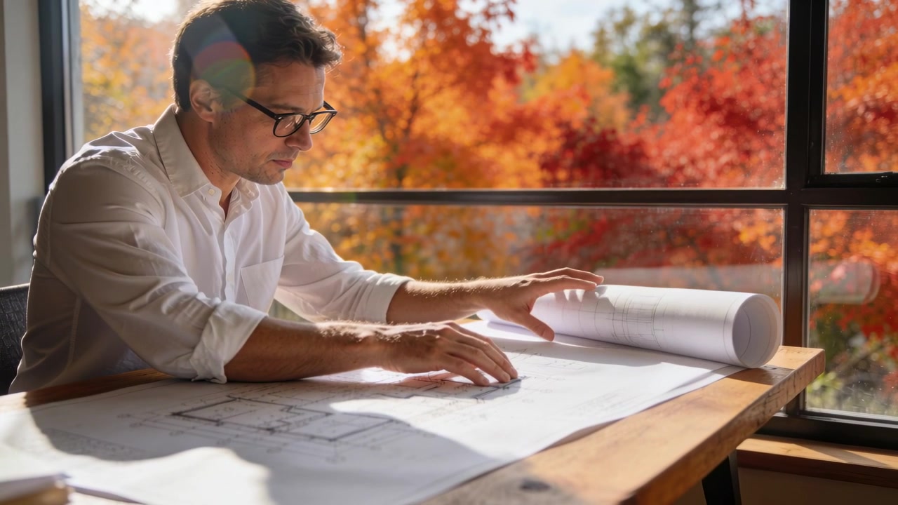 Leaning forward, man in rolled-sleeve shirt and glasses studying plans for design at desk by window