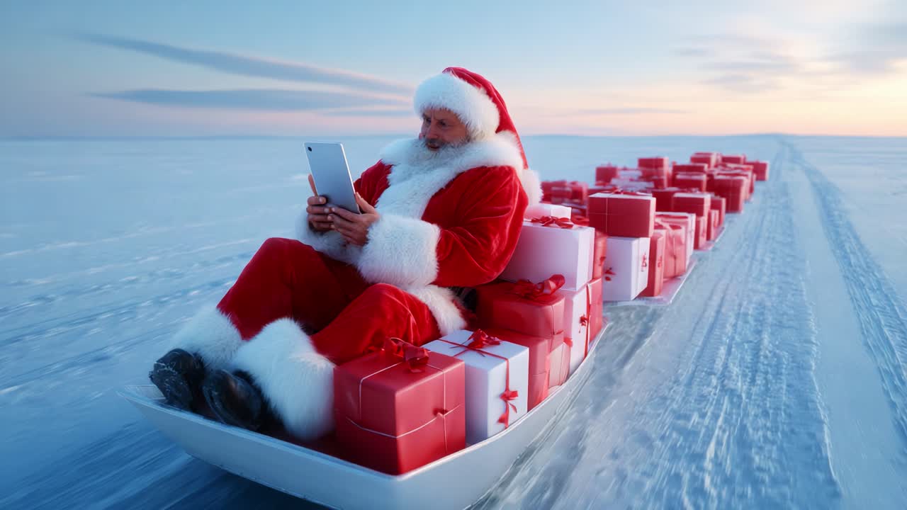A joyful figure clad in a classic red and white outfit, joyfully engaging with a tablet while being pulled on a sled loaded with colorful holiday gifts across a serene snowy landscape