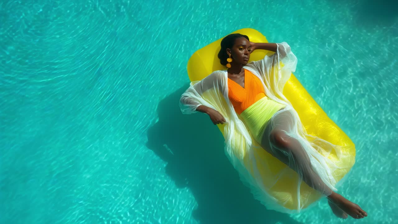 A serene summer moment captured in stunning detail, showcasing a woman gracefully relaxing on a vibrant yellow float in a crystal-clear swimming pool, embodying tranquility and summer bliss