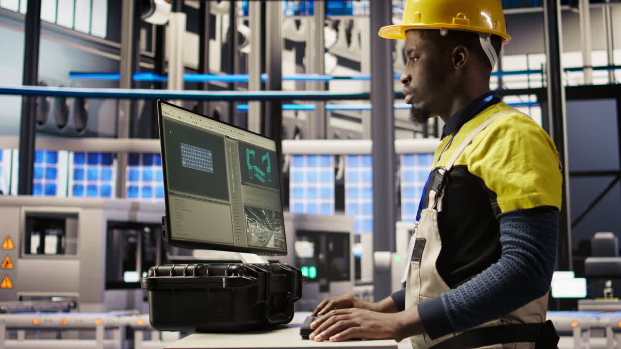 Vertical video Solar panels plant engineer uses PC to oversee systems