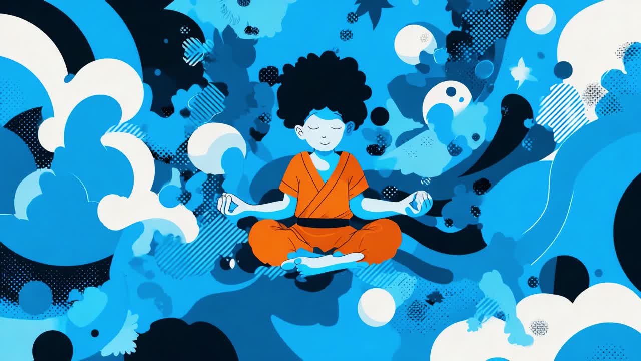 A young child in an orange outfit meditates peacefully amidst swirling blue clouds and abstract shapes, embodying tranquility and mindfulness in a colorful, vibrant setting