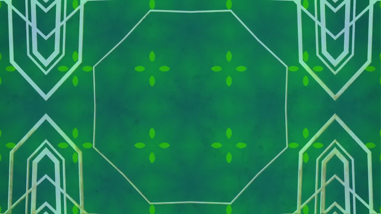 녹색 배경에서 최면적으로 움직이는 칼레이도스코픽 모양