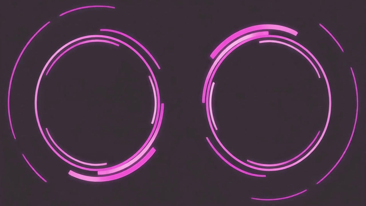 Twee draaiende roze neoncirkels op donkere achtergrond