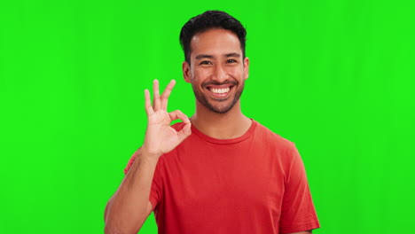 okay sign, face and man on green screen