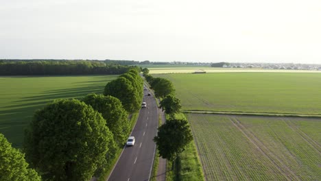 Vista-Aérea-Drone-Siguiendo-Coches-En-La-Carretera-A-Través-De-La-Zona-Rural-En-Brunswick