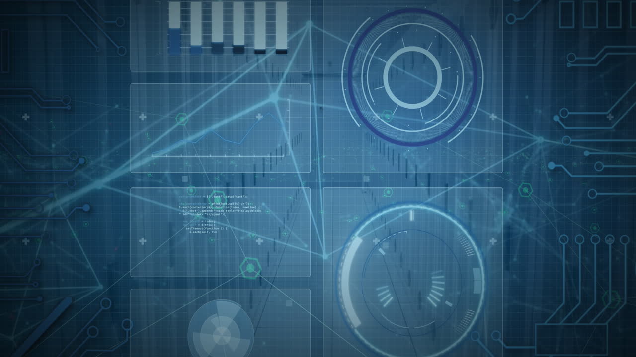 Animation of round scanner, network of connections and data processing against server room
