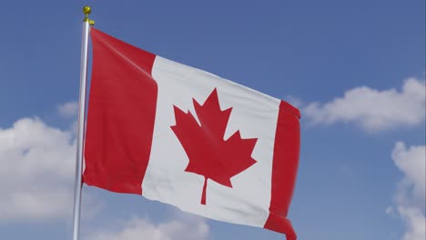 Flag-Of-Canada-Moving-In-The-Wind-With-A-Clear-Blue-Sky-In-The-Background,-Clouds-Slowly-Moving,-Flagpole,-Slow-Motion