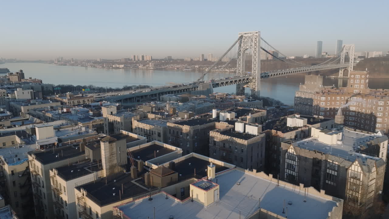 Aerial view of the George Washington Bridge. Shot along The Hudson River in Washington Heights.