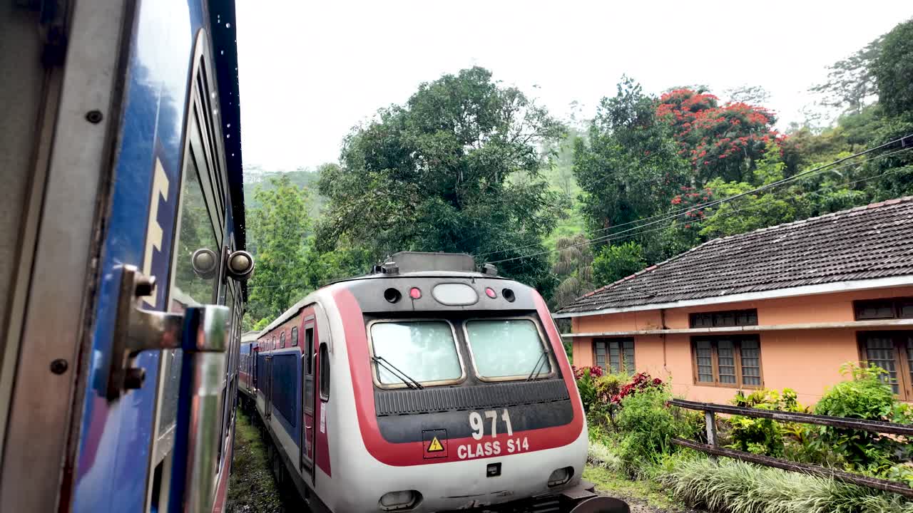 Two trains in Sri Lanka pass each other in a lush landscape, capturing the essence of travel and adventure through the scenic countryside.