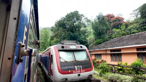 two trains in sri lanka pass each other in a lush landscape, capturing the essence of travel and adventure through the scenic countryside.