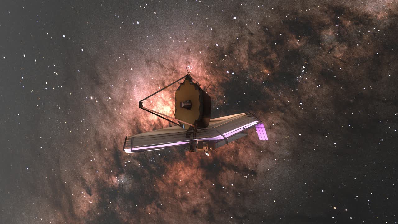 james webb espacio telescopio jwst cámara pan con vía láctea galaxia estrellas fondo - 3d cgi animación 4k