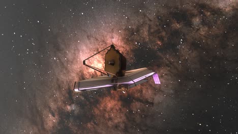 James-Webb-Weltraumteleskop-Jwst-Kameraschwenk-Mit-Milchstraßengalaxiesternhintergrund---3d-cgi-animation-4k