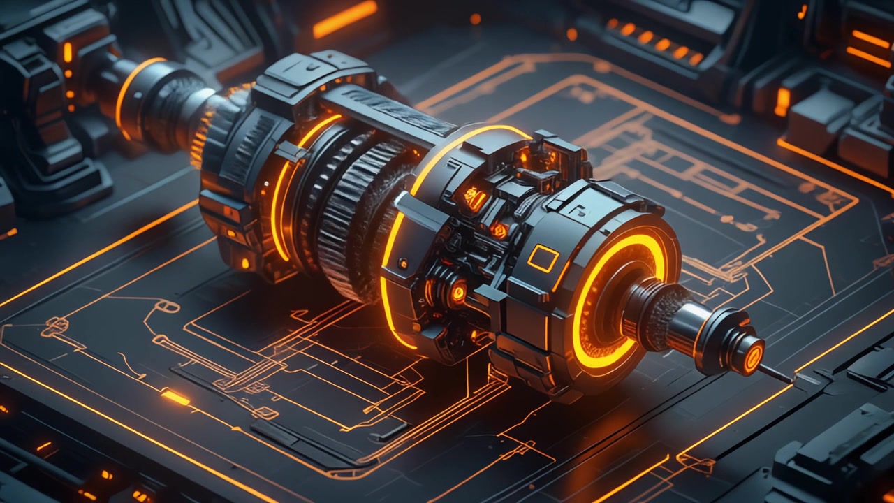 Futuristic Mechanical Engine Component with Glowing Orange Energy
