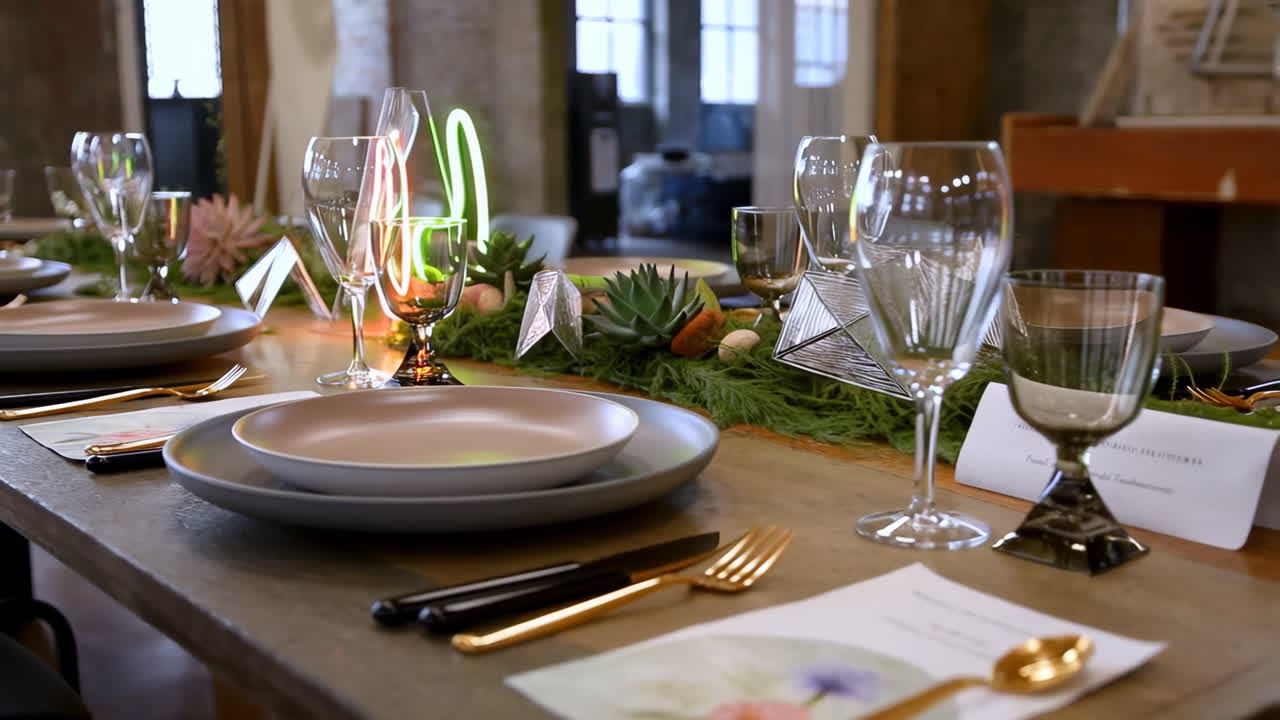 Elegantly Set Dining Table with Modern Decor and Neon Light Centerpiece