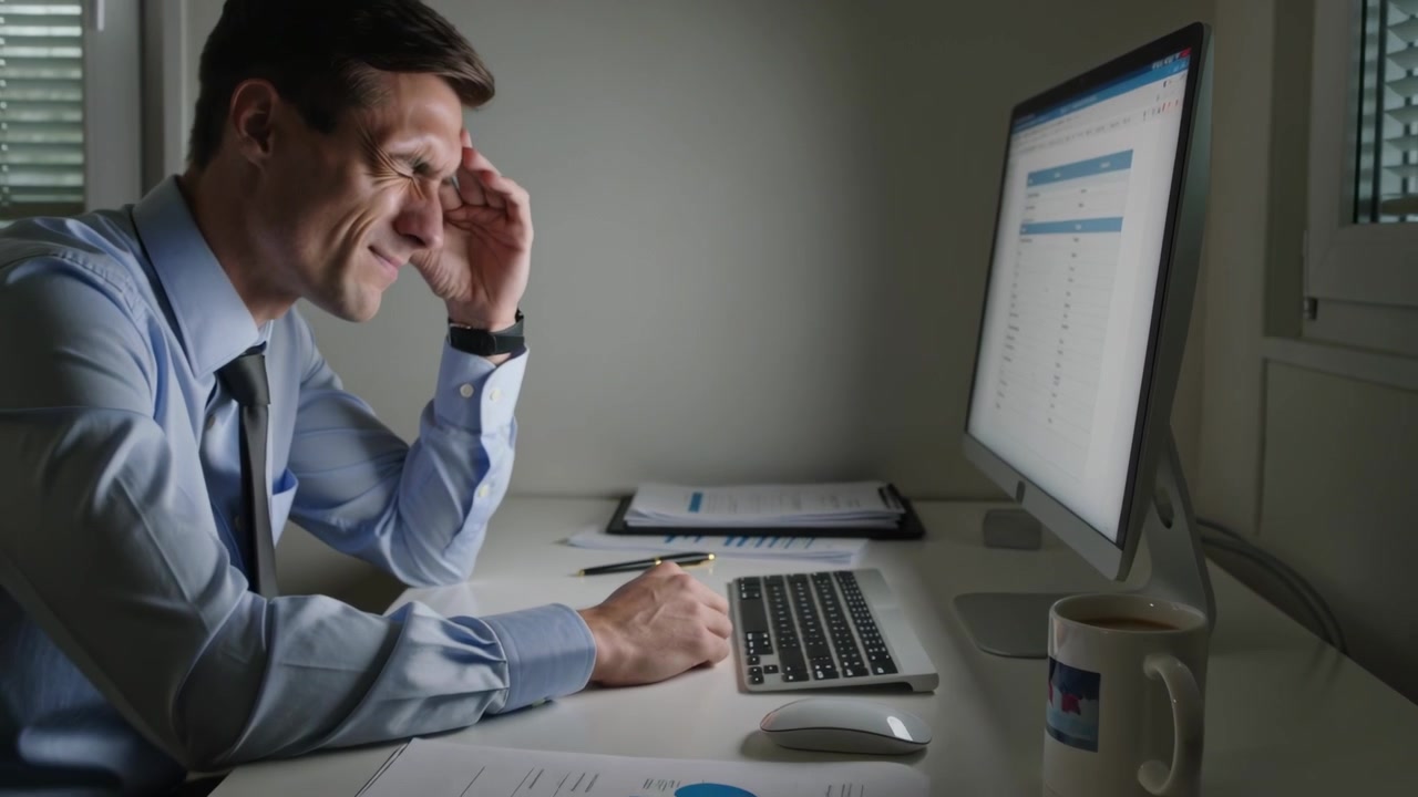 Uomo che digita in camicia blu e cravatta, si ferma a un prompt del monitor, strofinandosi la tempia, sorridendo alla scrivania.