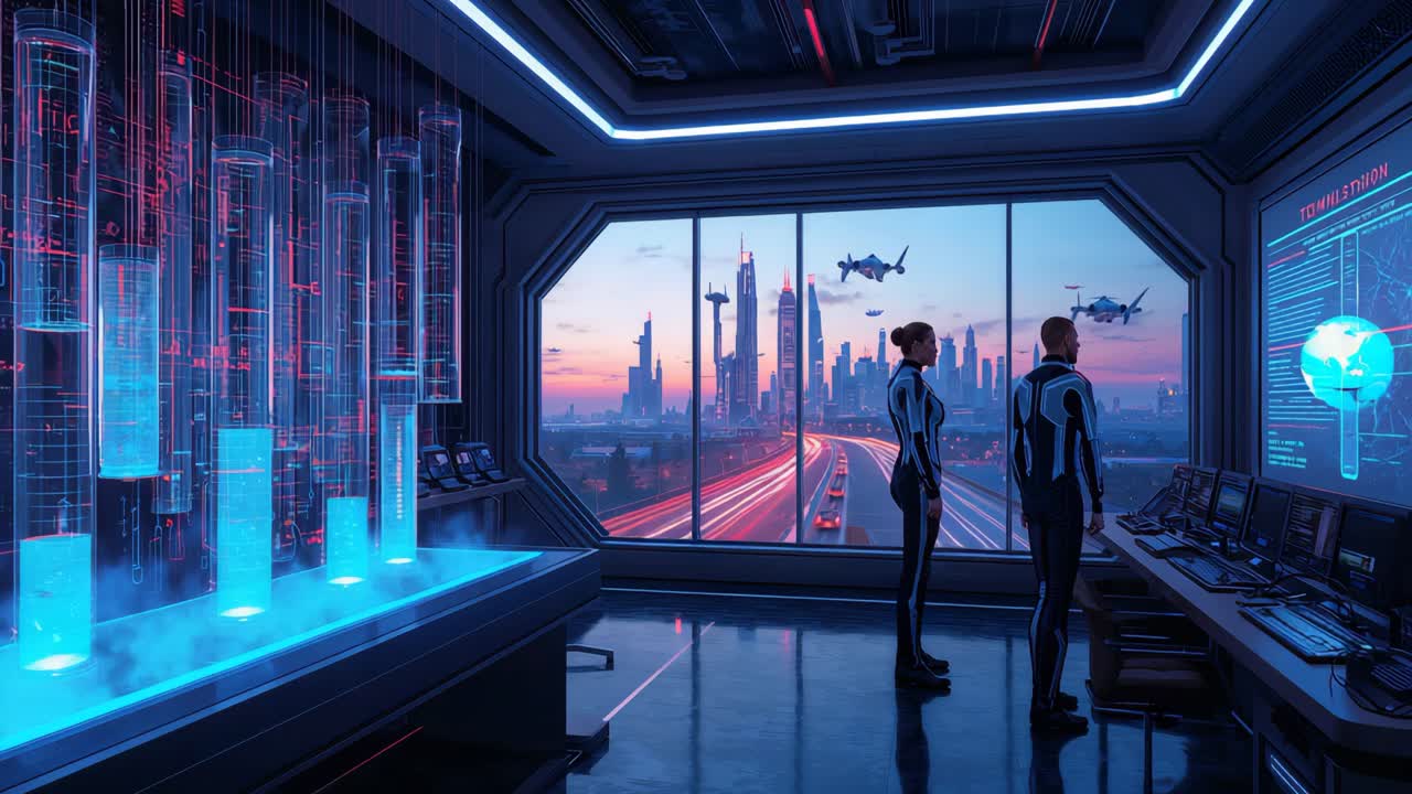 Futuristic Control Room Overlooking a Modern Cityscape