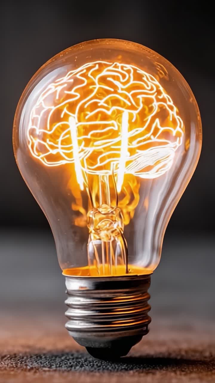 Un design unico di lampadina con un cervello luminoso all'interno, che rappresenta creatività, ispirazione e innovazione nel design e nell'arte moderna.