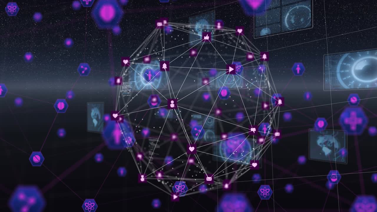 Play starting wireframe globe rotating nodes pulsing magenta hexes drifting HUD showing data flow