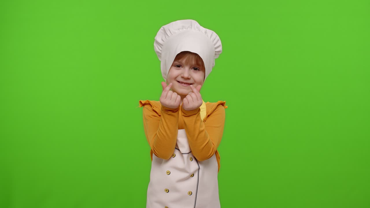 Bambina vestita con grembiule e cappello da cuoca chef che chiede denaro, concetto di negozio di cucina.