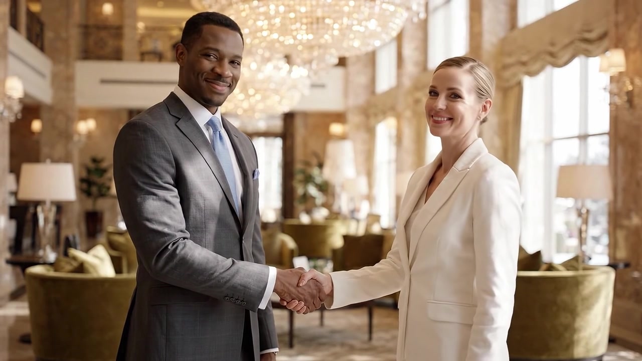 A Business Encounter in a Luxurious Lobby, Capturing an Engaging Conversation Between Two Professionals in Elegant Attire Surrounded by Opulent Decor.